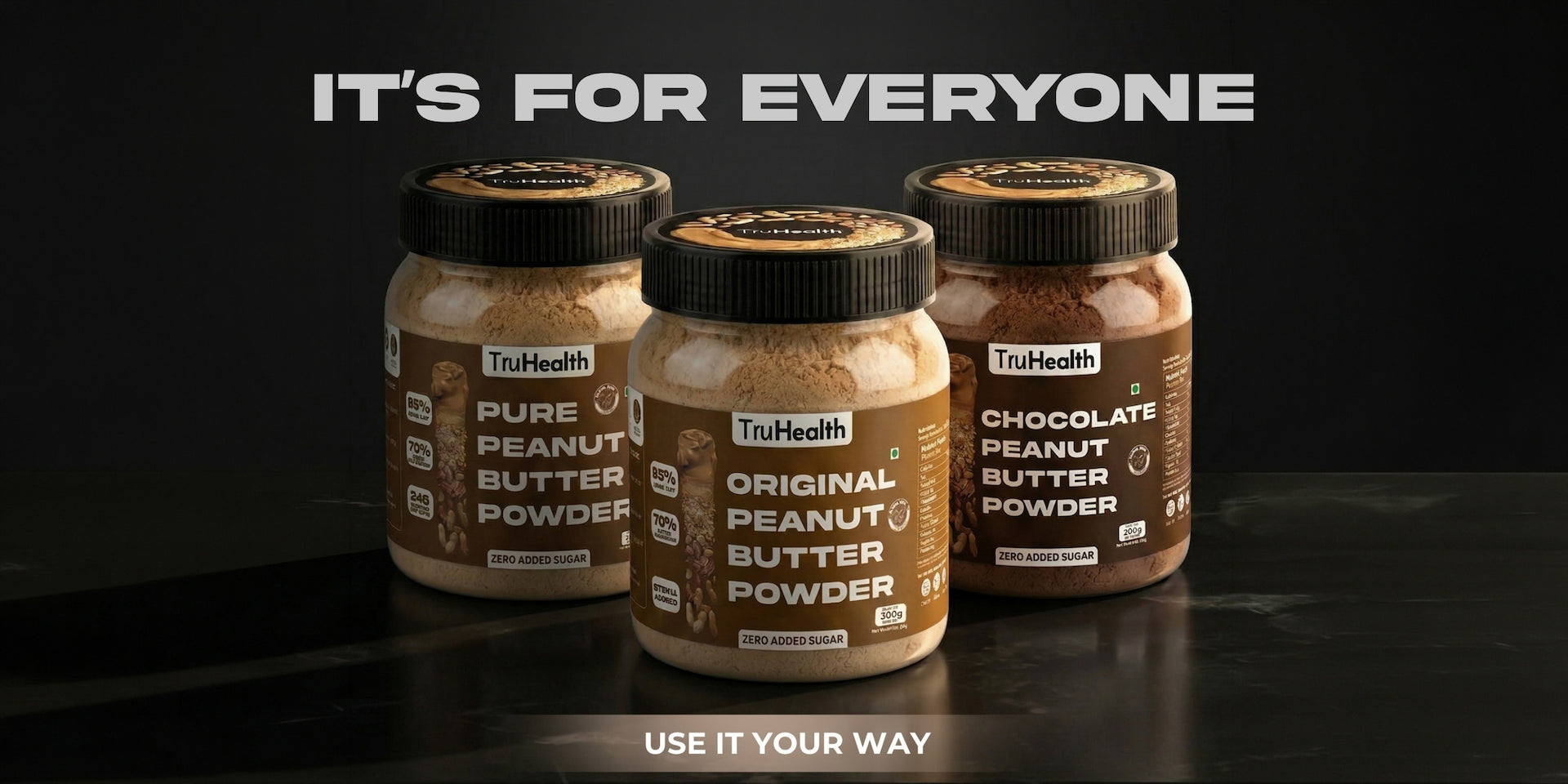 Three jars of TriHealth peanut butter powder on a black background with text 'It's for everyone, use it your way'.