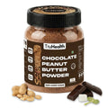 Jar of TruHealth Chocolate Peanut Butter Powder with ingredients on a white background