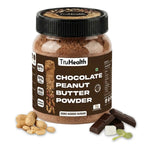 Jar of TruHealth Chocolate Peanut Butter Powder with ingredients on a white background