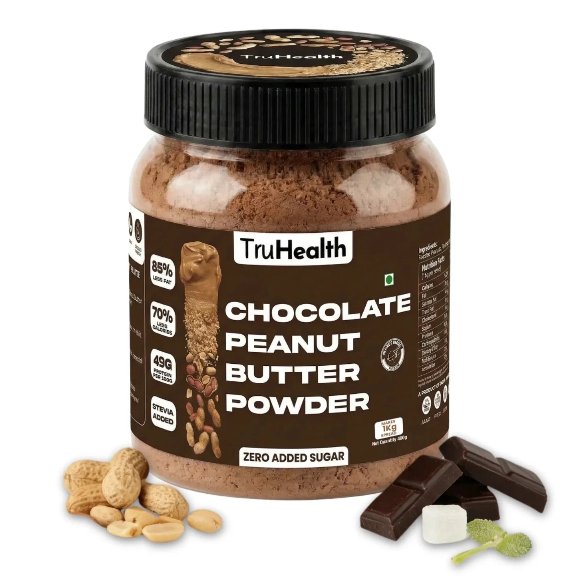 Jar of TruHealth Chocolate Peanut Butter Powder with ingredients on a white background